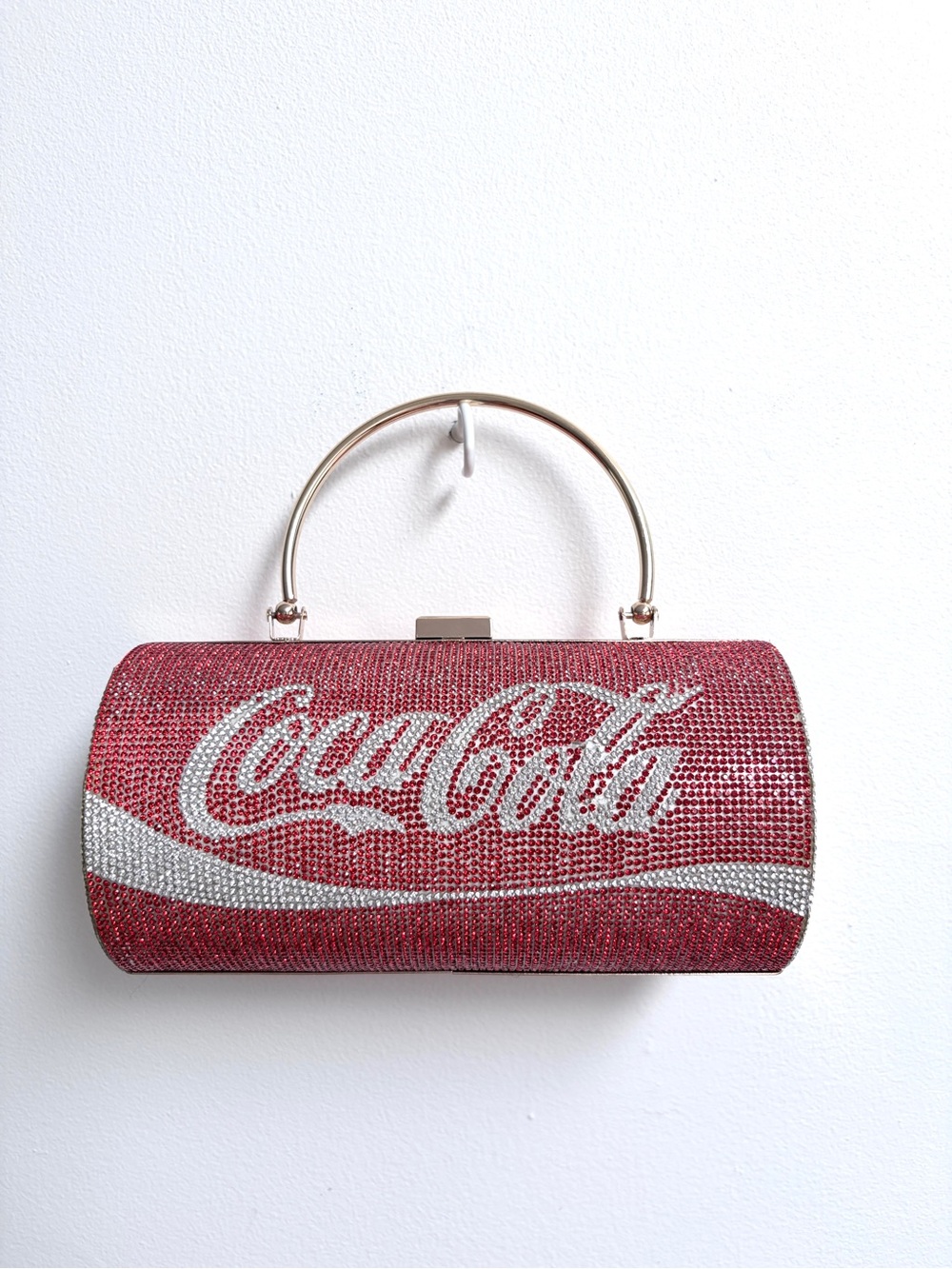 Coca Cola Red and Silver Crystal Logo Cylinder Handbag with Gold Handle + Chain